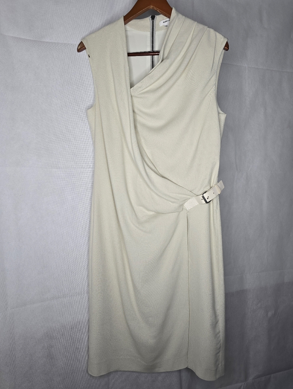 Helmut Lang Ivory Wool Blend Sheath Dress Sleeveless Draped Asymmetrical 6